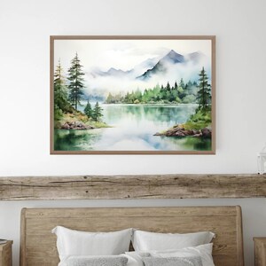 Mountain Lake Watercolor Landscape Pine Tree Wall Art Blue Green Art ...