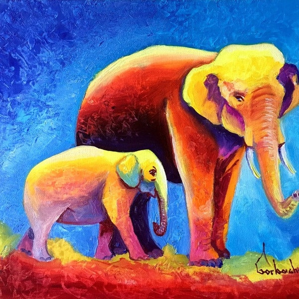 Colorful Elephants Original Oil Painting by Tetiana