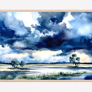 Watercolor landscape with dark stormy clouds painting square art print, Home decor gift