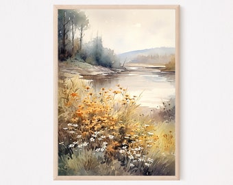 Rural Landscape Painting Print, Meadow Rural River Wall Art, Neutral Home Decor, Gift