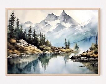 Stampa acquerello minimalista moderna di un lago di montagna | Arte murale con paesaggio di foresta verde acqua, grande poster naturalistico