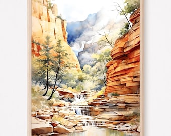 May include: A watercolor painting of a canyon with a waterfall flowing through it. The canyon walls are a warm orange color, and the water is a cool blue. The painting is framed in a light wood frame.