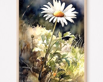 Daisy Meadow Watercolor Art Print – Wildflower Floral Poster, Large Wall Art for Home Decor Gift