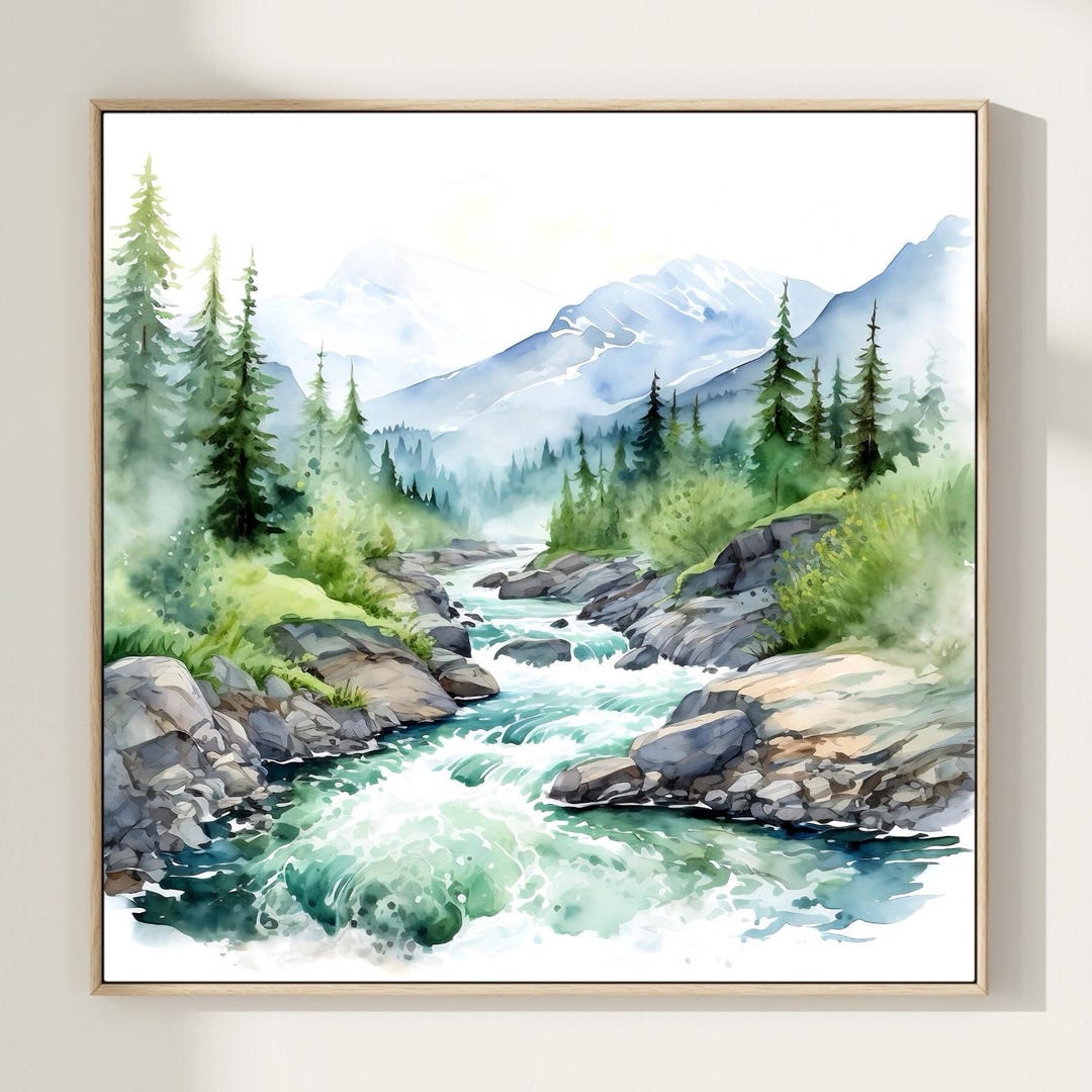 Alaska Mountain River Landscape Watercolor Painting Pine Tree Wall Art ...