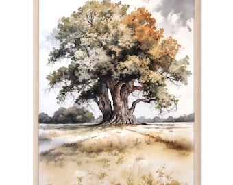 Oak Tree Landscape Watercolor Print, Nature Wall Art, Countryside Field Painting Decor