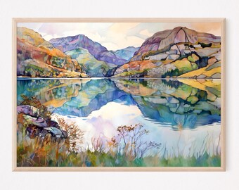 Lámina del lago Loch Morar, póster de acuarela de las Tierras Altas de las Islas Británicas, arte mural de viaje por Escocia