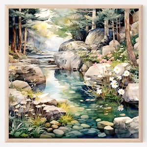 Wald Fluss Wandkunst, Wald Fluss Aquarell Kunst, Natur Druck, Grüner Wald Malerei Poster, Landschaft Druck Wandkunst, Wohnzimmer Dekor