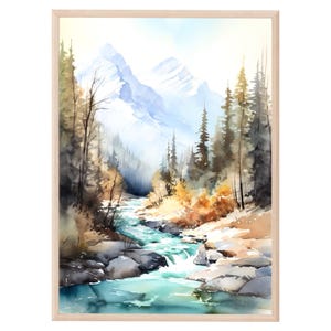 Canada Print, Banff National Park Wall Art, Mountain River Watercolor Painting Poster, Home Decor Gift Art