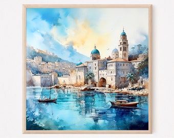 Impresión artística de Dubrovnik, Croacia, póster de viaje al casco antiguo, arte mural mediterráneo, regalo de decoración costera para el hogar.