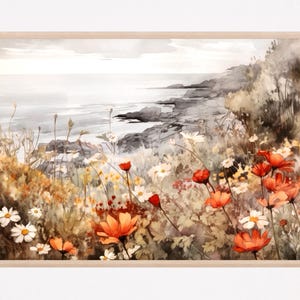 Watercolor painting art print with flowers on the ocean shore, Home decor gift art