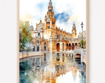 Affiche aquarelle de la Plaza de España à Séville, poster de voyage en Espagne, décoration murale de ville européenne, architecture espagnole