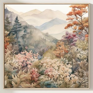 Watercolor Forest Landscape. Square Wall Art. Autumn Forest Trees Painting Print. Nature Decor. Mountain Forest Art. Home Decor Gift