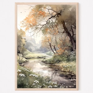 Herbstlandschaft Aquarell Wandkunst, Landlandschaft, ländlicher Fluss Kunstdruck, rustikales Natur Poster, Home Decor Geschenk