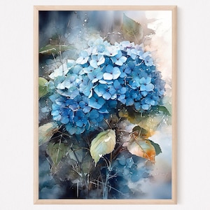 Blue Hydrangea Watercolor Art Print, Large Flora Wall Art, Home Decor Gift Art