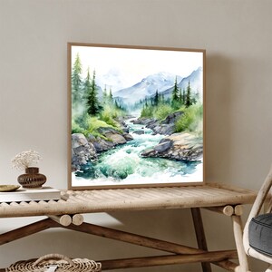Alaska Mountain River Landscape Watercolor Painting Pine Tree Wall Art ...
