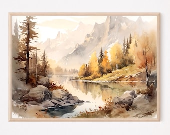 霧のかかった山の水彩画、湖のルアー、秋の風景、壁画、山、湖の