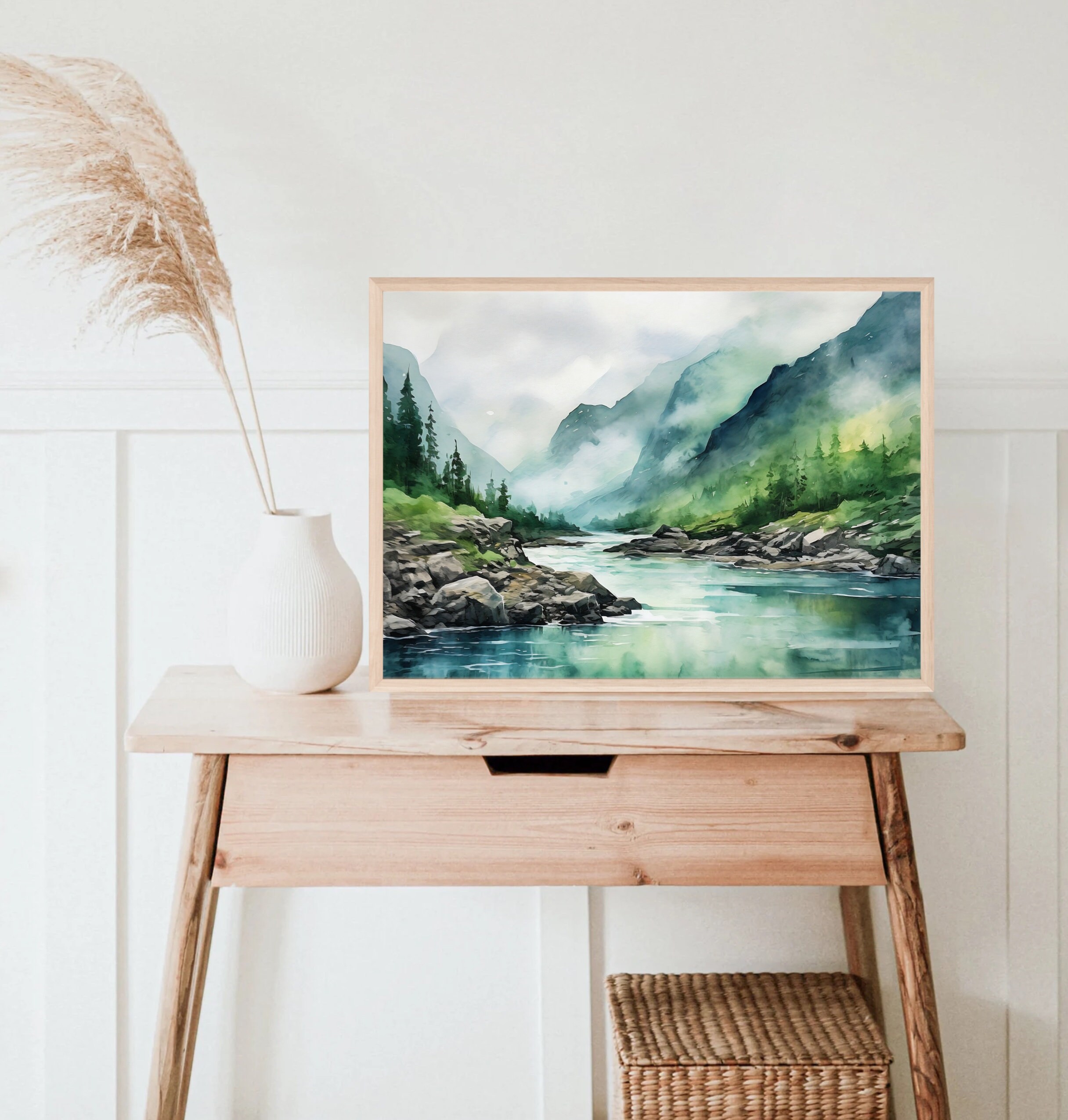Mountain River Painting Misty Forest Landscape Wall Art Pine Tree ...