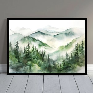 Puede incluir: Pintura a la acuarela de un paisaje monta&ntilde;oso con capas de &aacute;rboles verdes y picos brumosos. La obra de arte est&aacute; enmarcada en un borde negro, creando una est&eacute;tica serena y natural. La paleta de colores incluye tonos de verde, blanco y gris.