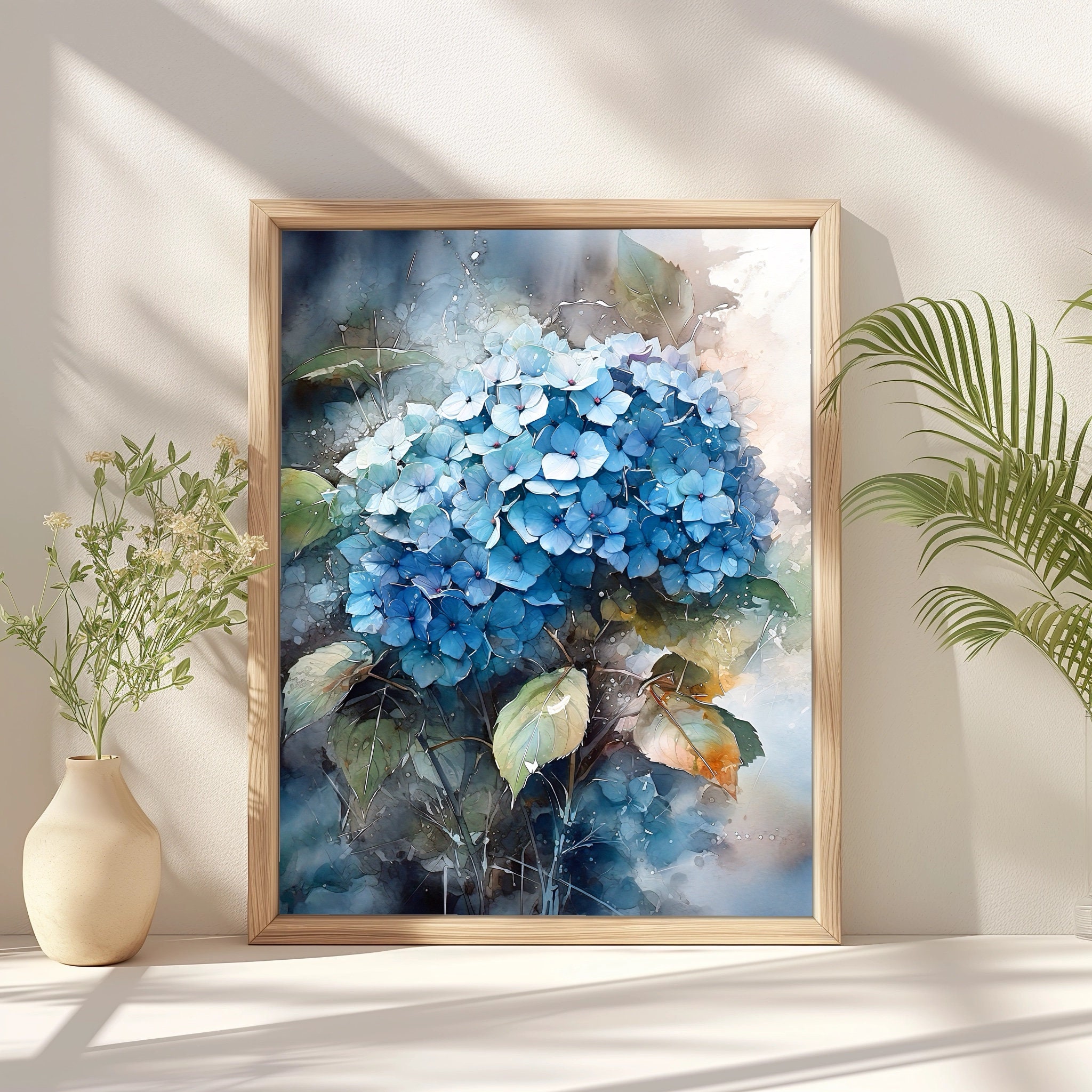Hydrangea Flower Art Print, Blue Watercolor Botanical Artwork, Elegant ...