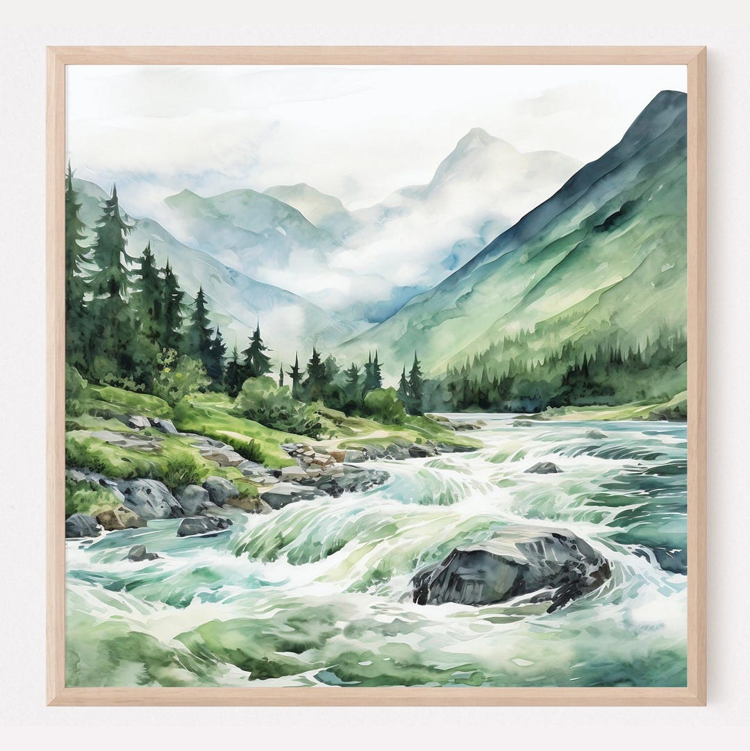 Mountain River Watercolor Landscape Pine Tree Wall Art Blue Green Art ...