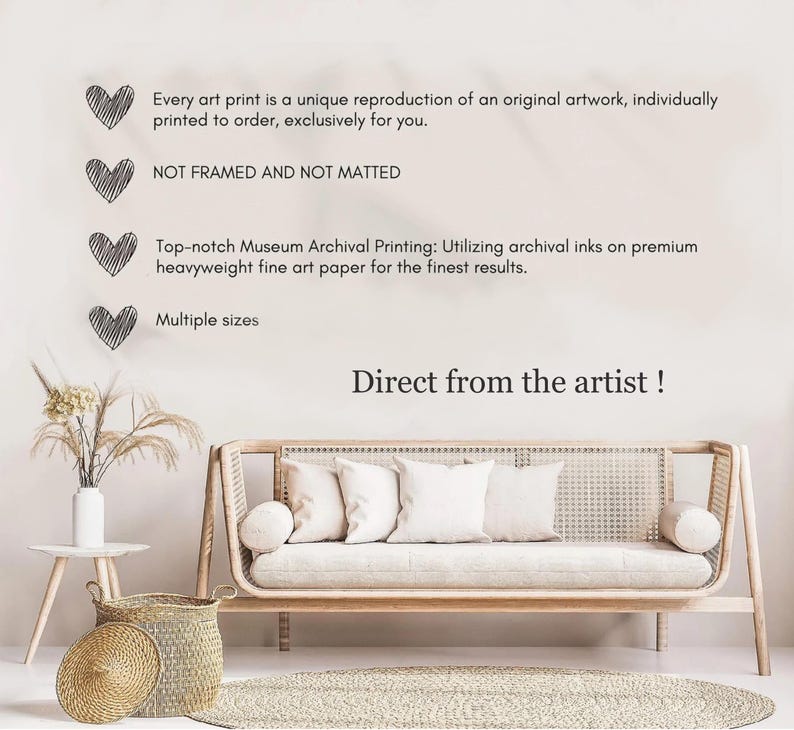 Może przedstawiać: Biała sofa z plecionym rattanowym stelażem stoi w pokoju z jasnobeżowym dywanem. Ściana za sofą ma tekst, kt&oacute;ry brzmi "Every art print is a unique reproduction of an original artwork, individually printed to order, exclusively for you. NOT FRAMED AND NOT MATTED Top-notch Museum Archival Printing: Utilizing archival inks on premium heavyweight fine art paper for the finest results. Multiple sizes Direct from the artist!"