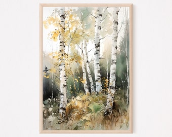 Birch woods art print, Watercolor birch tree painting, Fall birch trees artwork, Landscape wall art