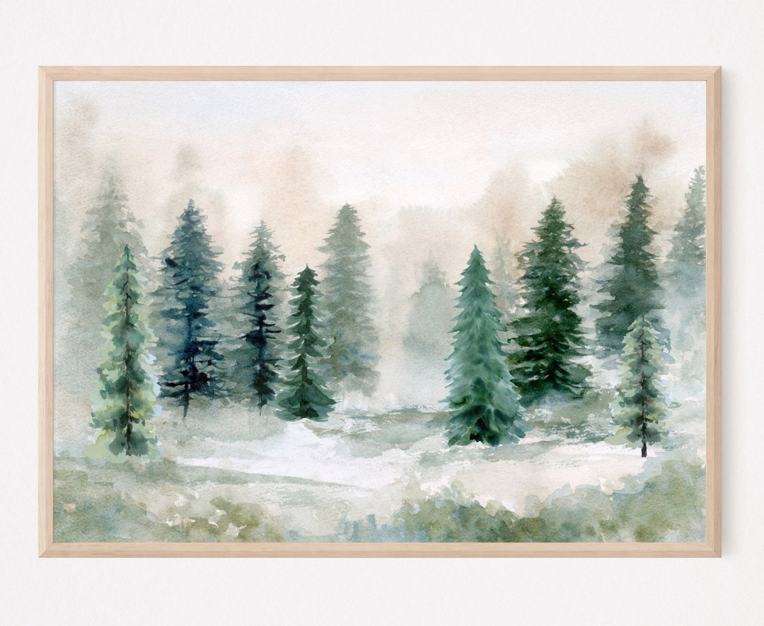 冬の水彩画 松林プリント 抽象的 緑の風景 壁アート 自然装飾 モダン