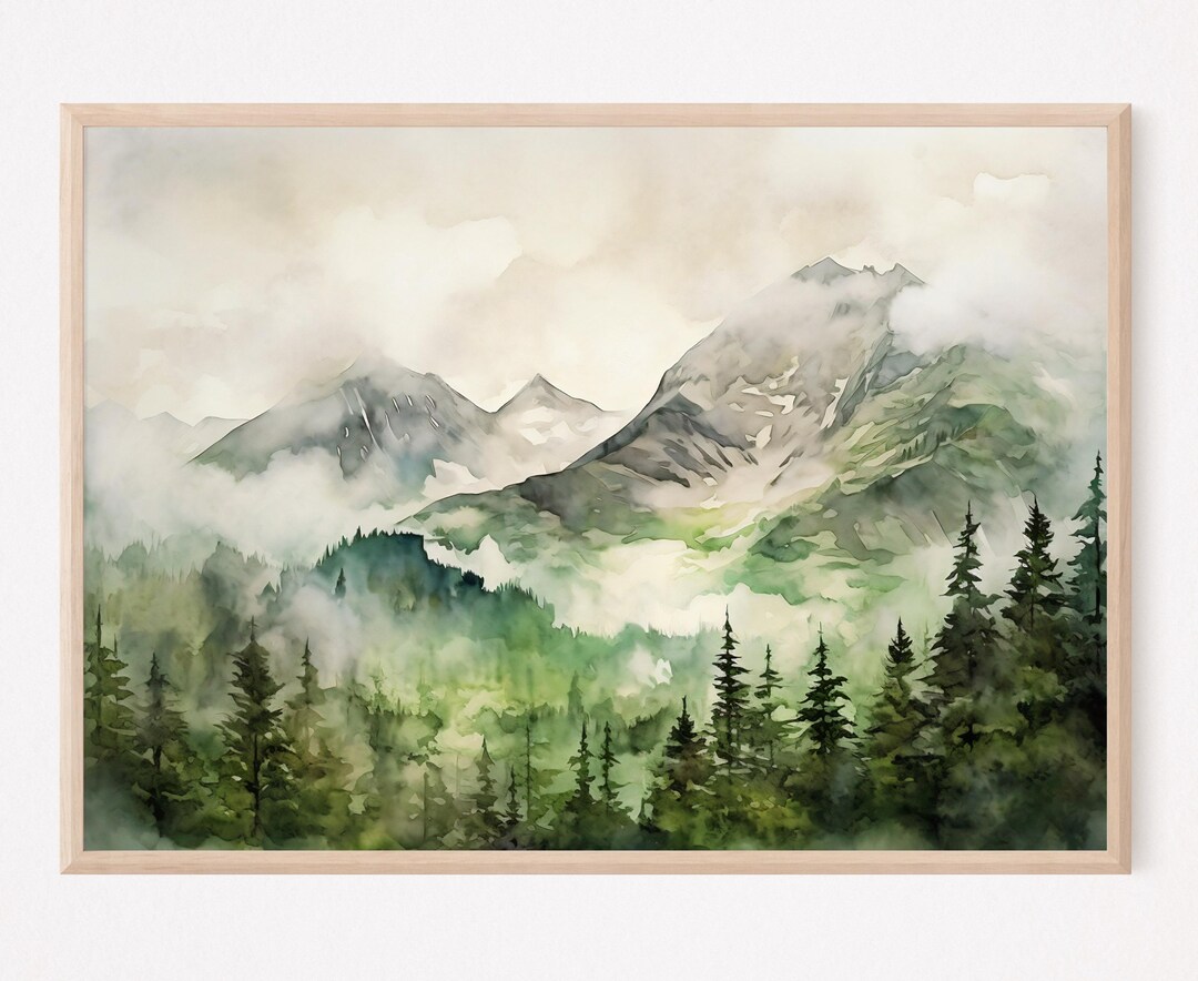 Green Mountain Landscape Wall Art Print, Watercolor Nature Poster ...