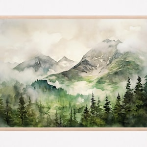 Green Mountain Watercolor Painting Art Print, Mountain Poster, Landscape Print, Modern Home Decor Gift Art