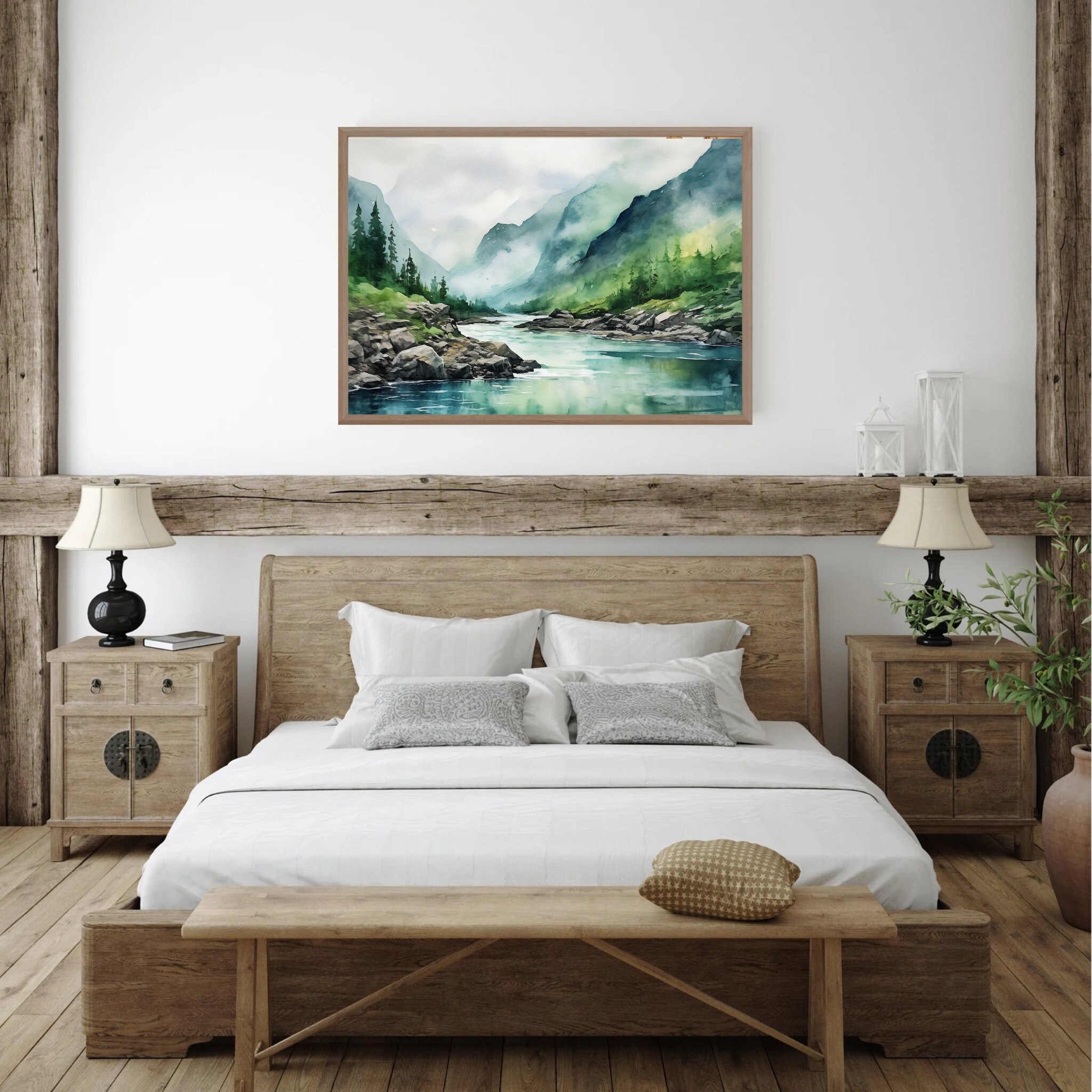 Mountain River Painting Misty Forest Landscape Wall Art Pine Tree ...