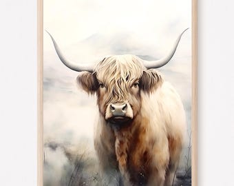 May include: A white Highland cow with long, shaggy hair stands in a misty field. The cow is looking directly at the viewer with a calm expression. The background is a soft, blurry white.
