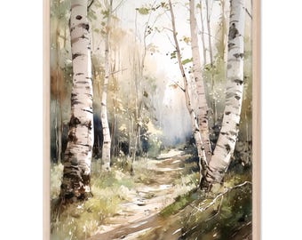 Watercolor Birch Forest Wall Art Print, Birch Tree Landscape Decor, Nature Woodland Painting for Home