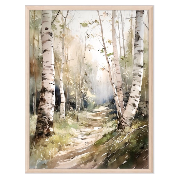 Watercolor Birch Forest Wall Art Print, Birch Tree Landscape Decor, Nature Woodland Painting for Home