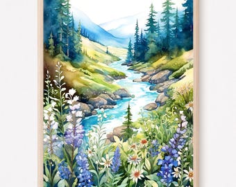 Lámina artística de paisaje montañoso con prado de flores silvestres en tonos azules y verdes para pared. Póster de río de montaña.