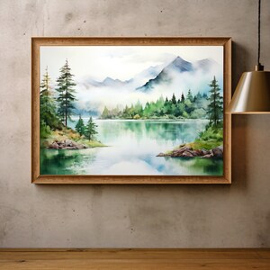 Mountain Lake Watercolor Landscape Pine Tree Wall Art Blue Green Art ...
