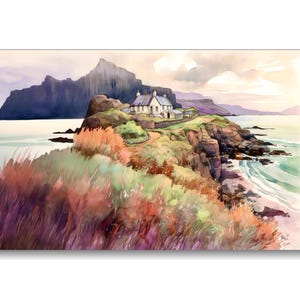 Scotland Coast Painting Art Print Cottage Watercolor Isle of Skye Landscape Scottish Highlands Wall Art Home Decor Gift
