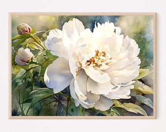 White Peony Watercolor Print, Floral Wall Art, Botanical Flower Painting, Garden Peony Poster, Home Decor Gift