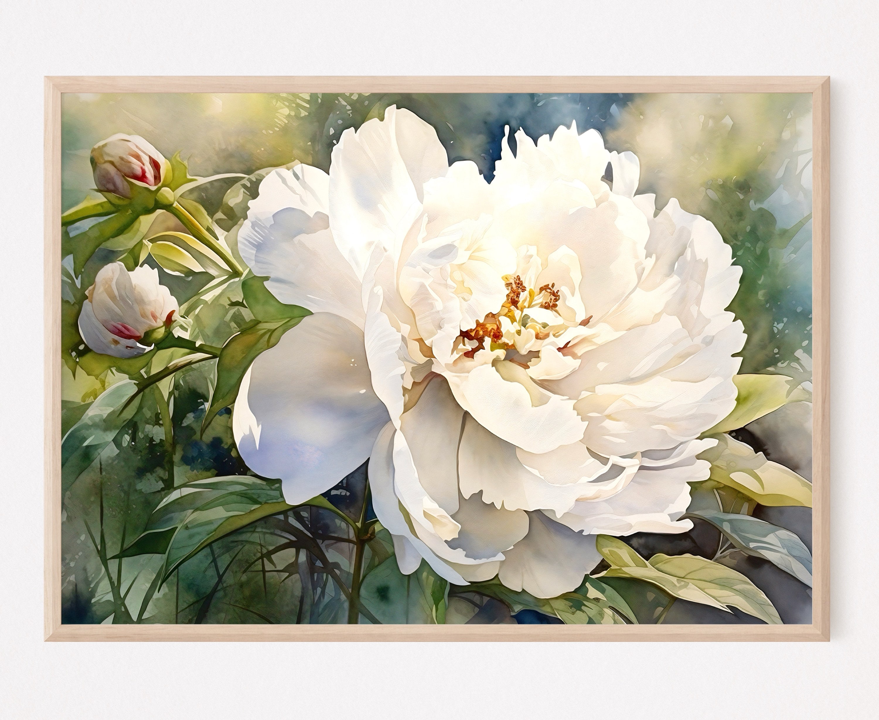 Weiße Pfingstrose Malerei Blumen Aquarell Floral Wand Kunst botanische Kunstdruck Garten Blumen Poster Home Decor Geschenk Kunst