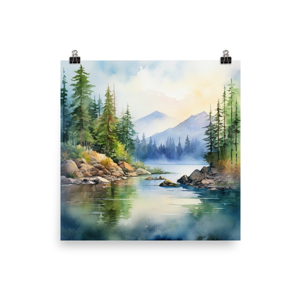 Mountain River Landscape Watercolor Painting Pine Tree Wall Art Neutral ...