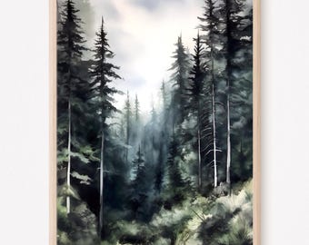 Oregon Forest Watercolor Print, Evergreen Pine Landscape Wall Art, National Park Inspired Decor