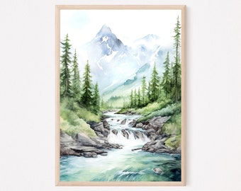 ALASKA Watercolor Painting Art Print, Travel Poster Print, Mountain River Wall Art, Home Decor Gift, Gifts For Her, Gifts For Him