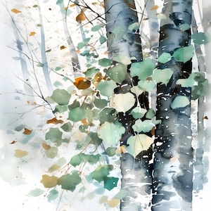 Birch Tree Wall Art, Green Forest Watercolor Painting Print, Living Room Wall Decor, Aspen Forest Tree Art Gift