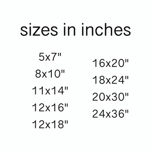 May include: A list of different sizes in inches for prints, photos, or artwork. The sizes range from 5x7 inches to 24x36 inches.