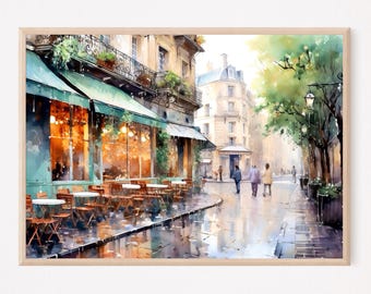 Paris Street, Cafe, Restaurant, France Watercolor Painting Art Print, Travel Gift, Europe Poster
