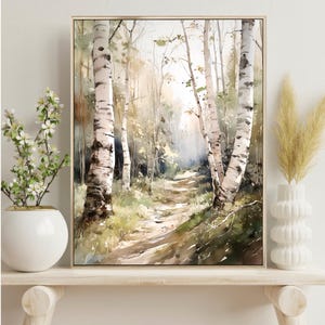 May include: A watercolor painting of a path through a birch forest. The trees are white with black markings and the path is light brown. The background is a soft, hazy blue.