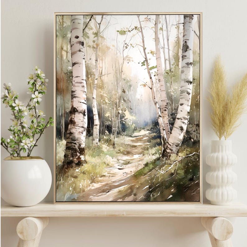May include: A watercolor painting of a path through a birch forest. The trees are white with black markings and the path is light brown. The background is a soft, hazy blue.
