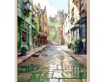 May include: A framed wall art print depicting a cobblestone street lined with multi-story buildings in shades of green, tan, and dark blue. The scene features hanging lanterns, storefronts, and a large castle structure visible in the distance.