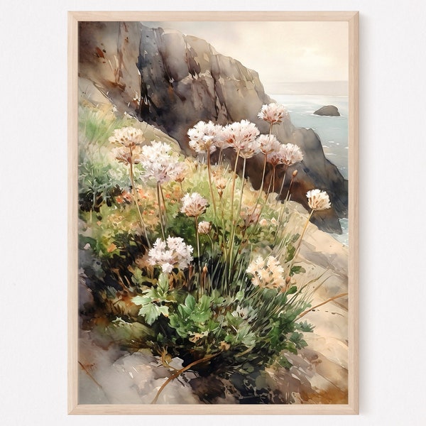 Scotland Painting Isle of Skye Art Large Print Scottish Sea Thrift Flowers Coastal Landscape Watercolor Home Decor Gift Art