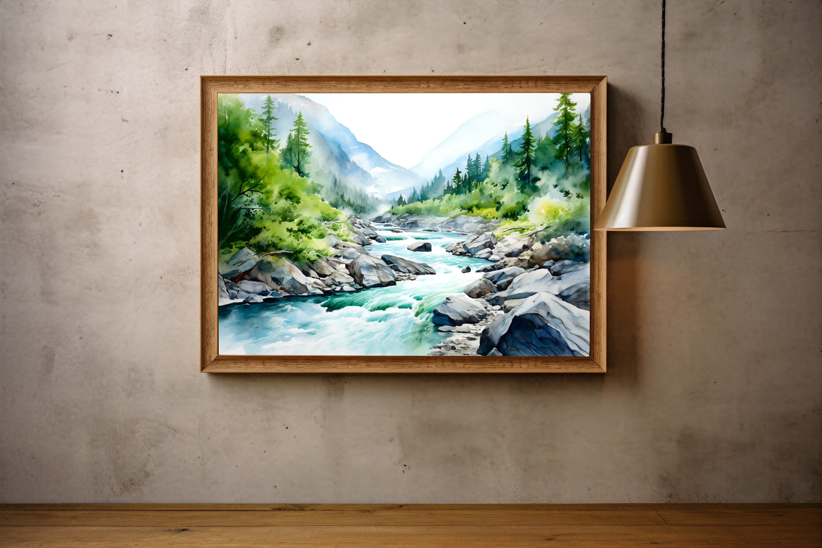 山川の水彩風景、松の木の壁アート、青緑のアートプリント、松林の絵画