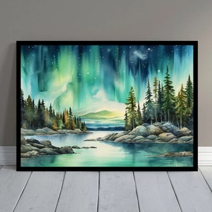 May include: A watercolour painting depicting a forest scene with a vibrant green and blue aurora borealis in the sky. The trees are silhouetted against the colourful sky, and there is a lake in the foreground.